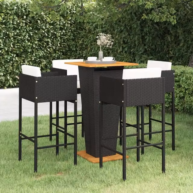 Set Bar da Giardino 5 pz con Cuscini in Polyrattan Nero 3094800