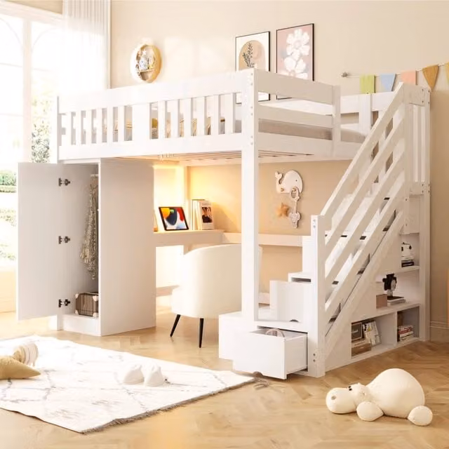 Letto a castello REDOM in legno di pino e MDF con scala contenitore, cassetti e illuminazione LED, L/P: 140 x 200 cm, multicolore