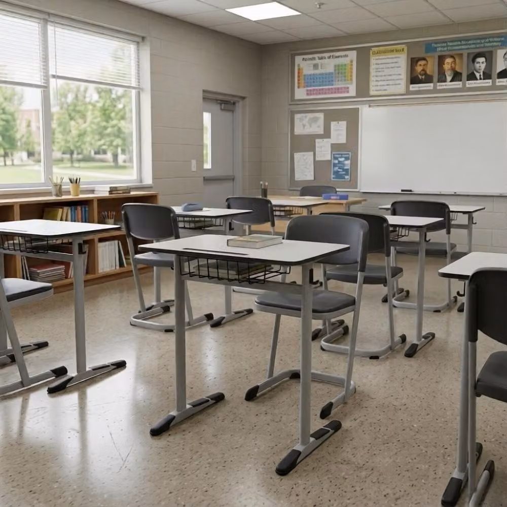 Set scolastico moderno ed ergonomico, grigio: banco da scuola nero e sedia, tavolo singolo