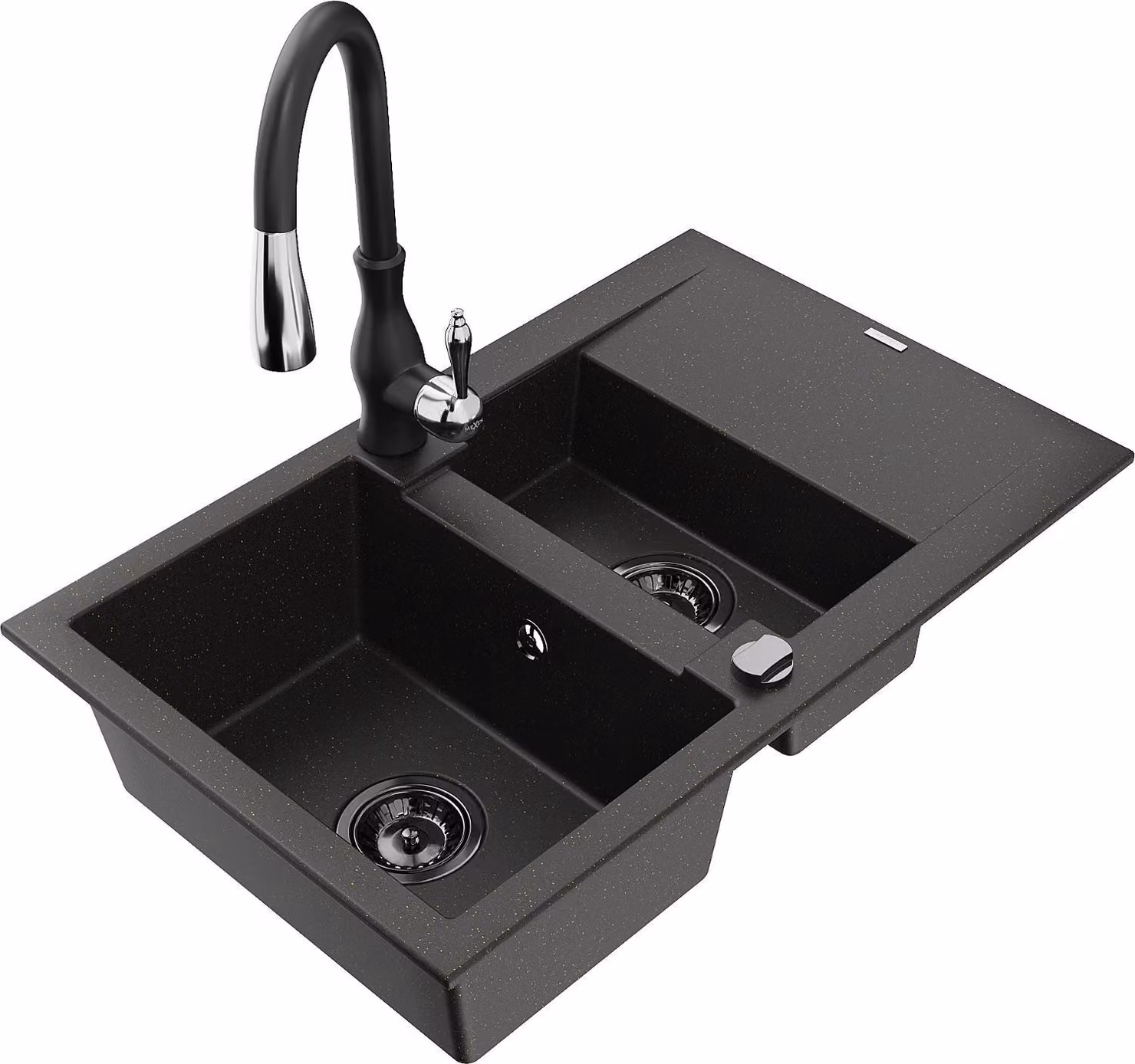 Mexen Gaspar lavello in granito a 1,5 vasche con scolapiatti e rubinetto da cucina Savita, nero/oro - 6507-75-672601-70-B