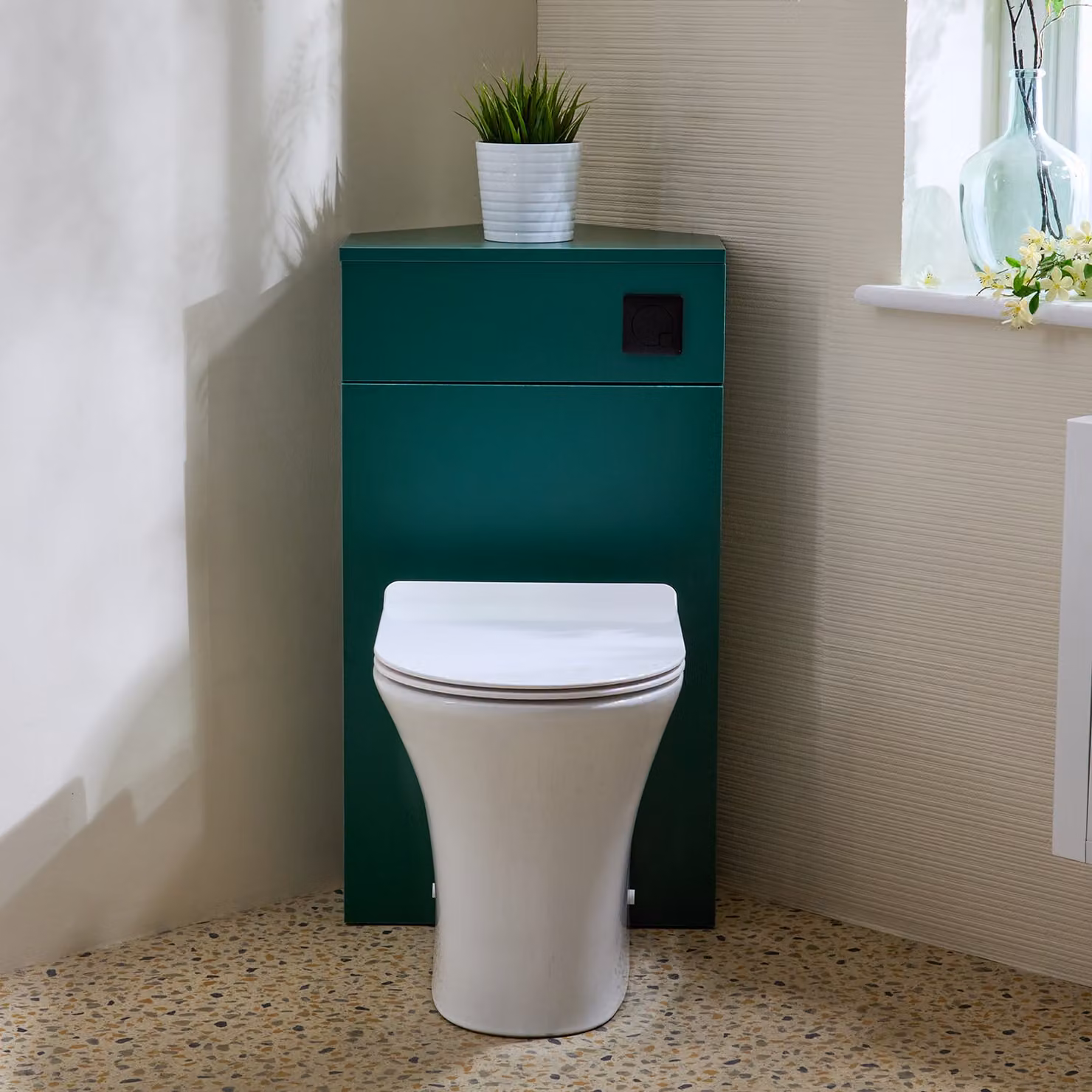Unità WC Angolare per WC in Verde Scuro con Sanitario Marbury - con Pulsante di Scarico Nero - Cluo
