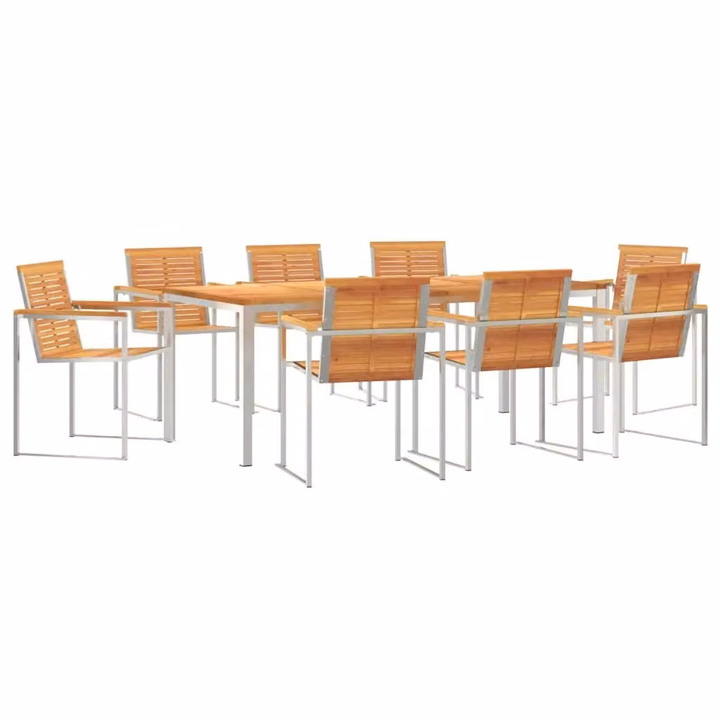 Set da pranzo per giardino e terrazzo vidaXL in legno di acacia e acciaio inossidabile, 9 pezzi, marrone e argento – 2
