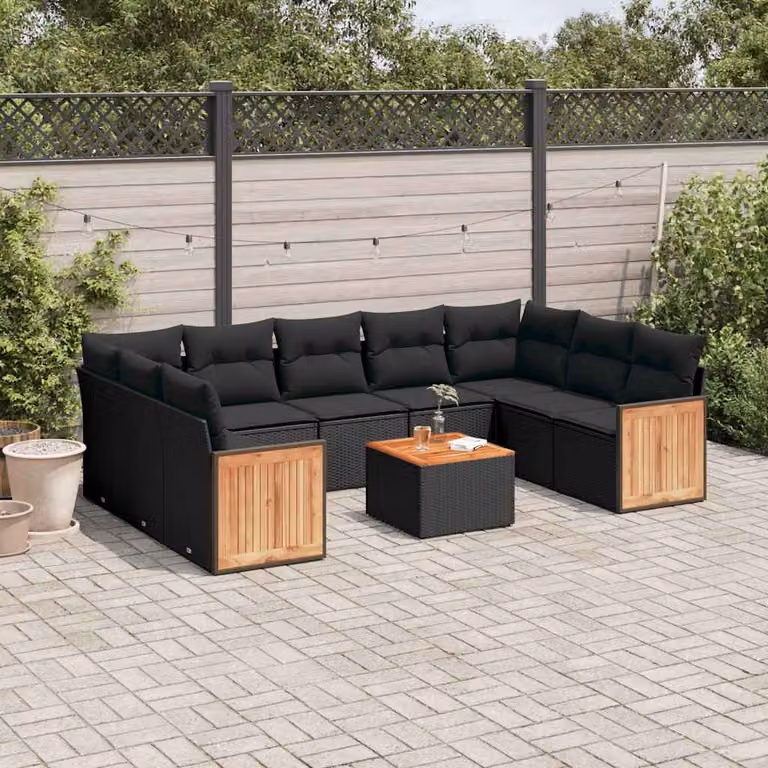 Set di Divani da Giardino vidaXL 10 Pezzi a Forma di U in Polyrattan Nero con Cuscini Imbottiti e Tavolino da Caffè