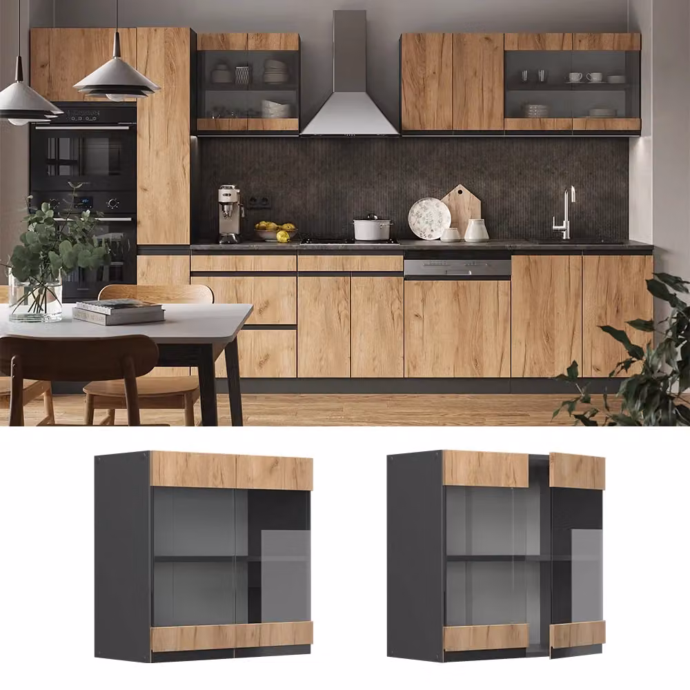 Mobile da cucina a parete Vicco R-Line con ante in vetro, Rovere dorato e Antracite, L: 60 cm – 2