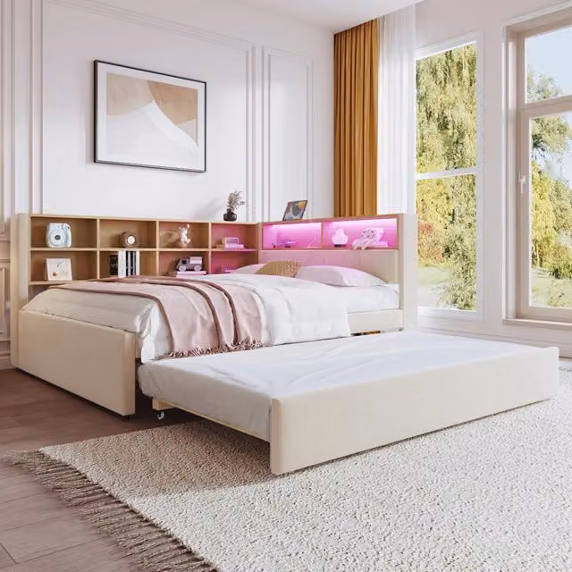 Divano Letto Singolo con LED ¨C MINIMAL ¨C Flanella Beige, 90x190 / 140x200