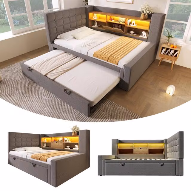 Letto con contenitore e letto estraibile lino metallo 90x200 cm