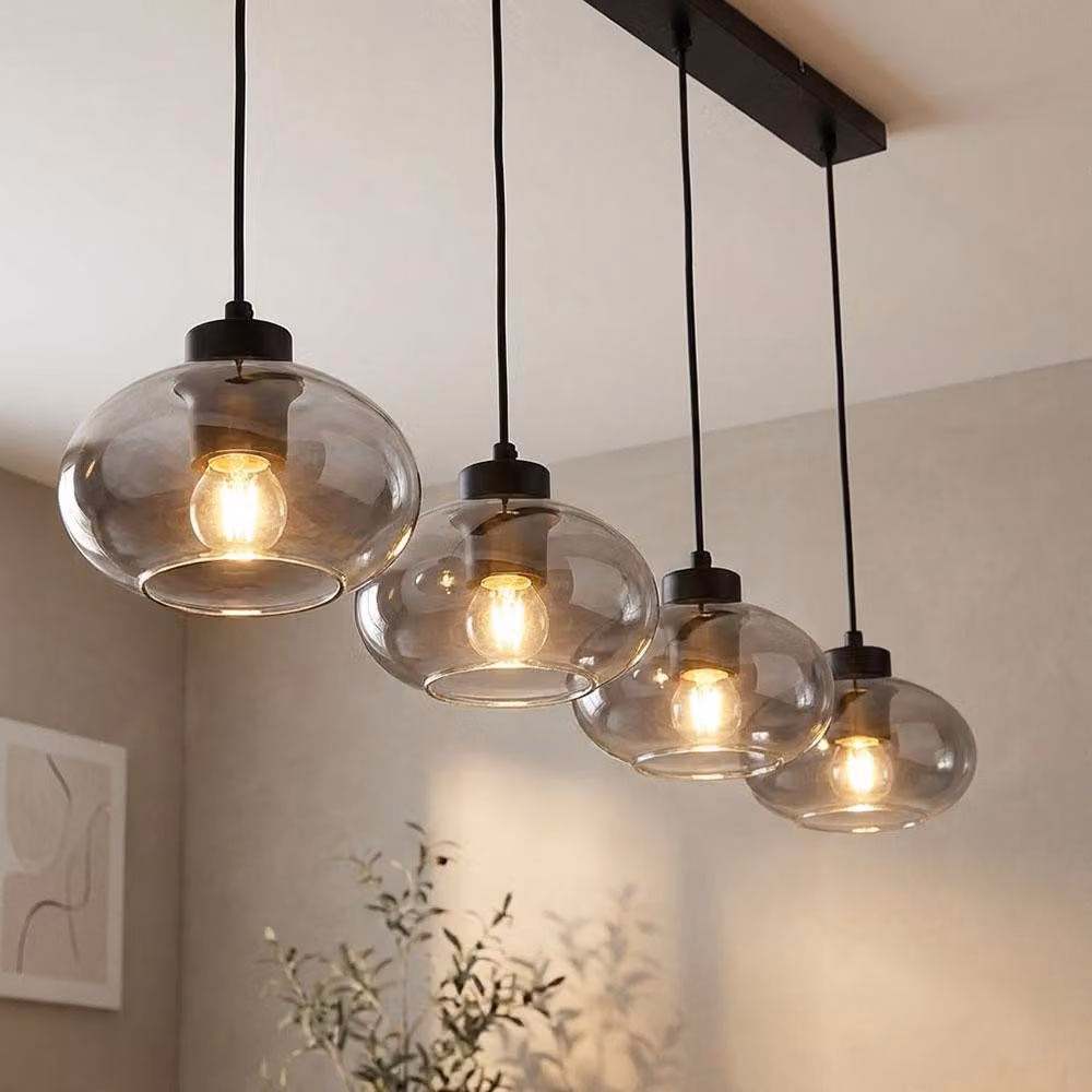 Lampada a sospensione, 4 luci, vetro, fumé, nero, L 96 cm