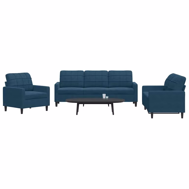 Set di divani 3 pezzi vidaXL in velluto blu con cuscini e struttura in metallo per soggiorno