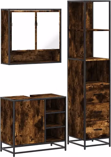 Set Mobili da Bagno Industrial in Legno e MDF Marrone con Specchiera, Mobile Lavabo e Colonna, L/P/H: 60 x 20 x 65 cm