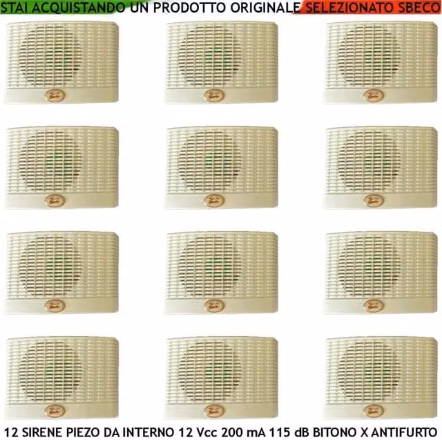 Set di 12 Sirene Diffusori Piezoelettrici Securvera Bianchi per Antifurto con Melodia Bitonale 1500/4000 Hz 115 dB Alimentazione 12 Vcc e Fissaggio a Parete