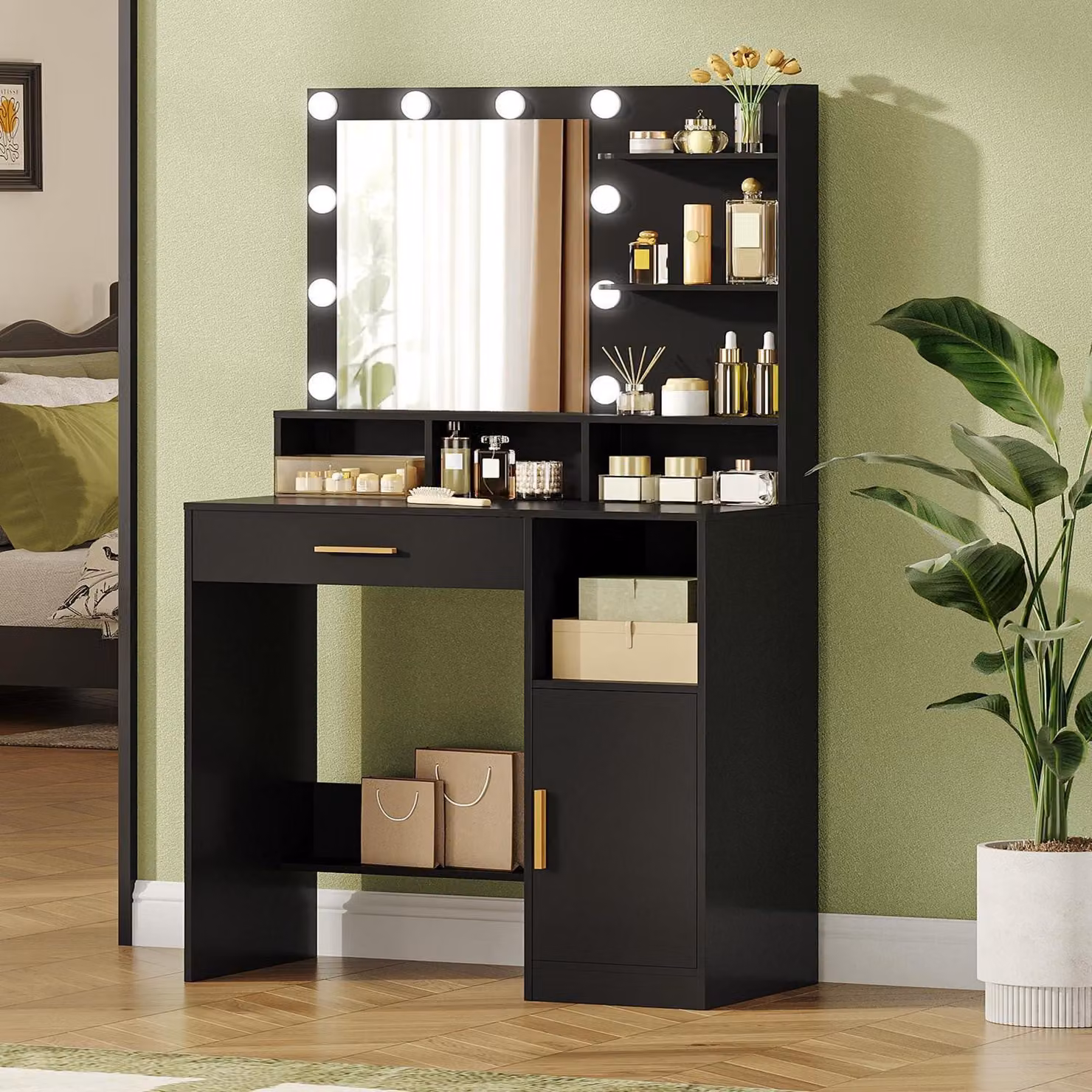 Comò da trucco con specchio e 10 luci LED, 3 ripiani, 4 scomparti, un cassetto, un armadietto, colore nero