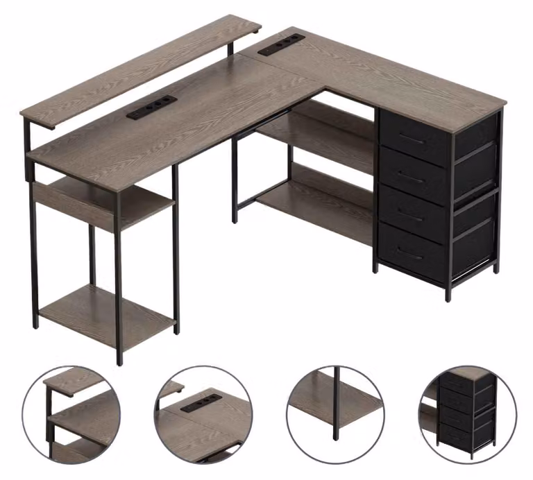 Scrivania ad angolo mod. Zimilo, con presa di corrente e supporto per monitor, scrivania per computer con 4 cassetti, scrivania da ufficio per l'home office, dimensioni 120x110 cm, colore grigio vintage