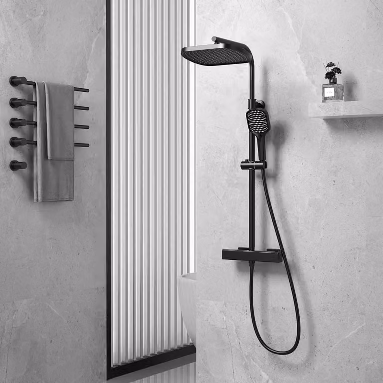 Set doccia da 32 cm, soffione a pioggia, miscelatore termostatico, finitura nero opaco