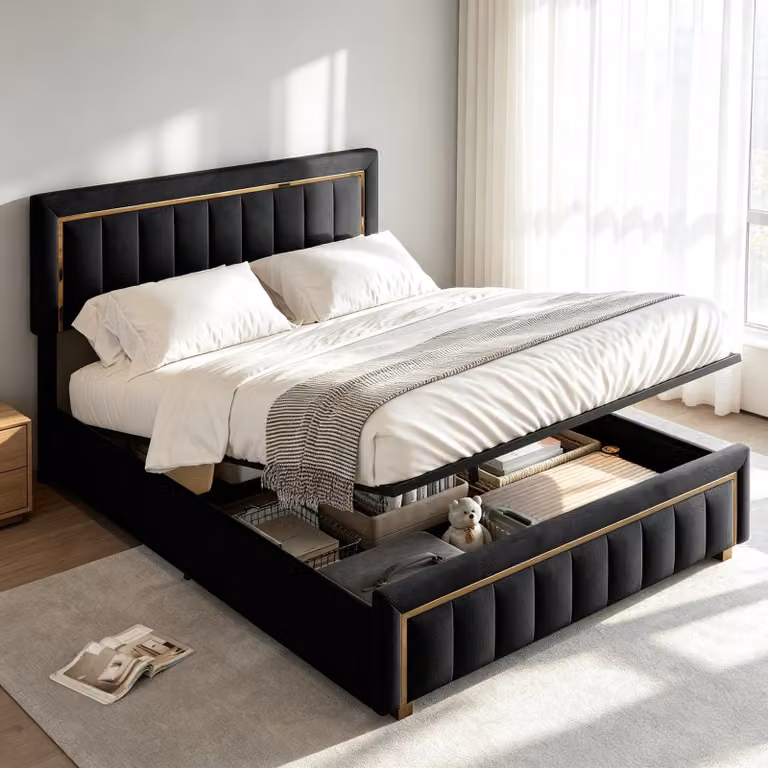 Letto imbottito INONEFT 140x200 cm, con contenitore, tipo boxspring, letto matrimoniale con spazio contenitivo, struttura letto con rete a doghe, colore nero, rivestito in velluto