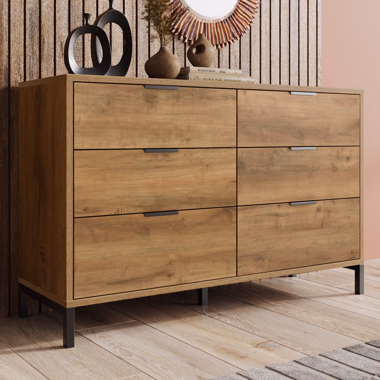 Cassettiera Sweiko, credenza con 6 cassetti, 120 x 40 x 76 cm in rovere scuro, credenza alta per camera da letto e tutti i soggiorni