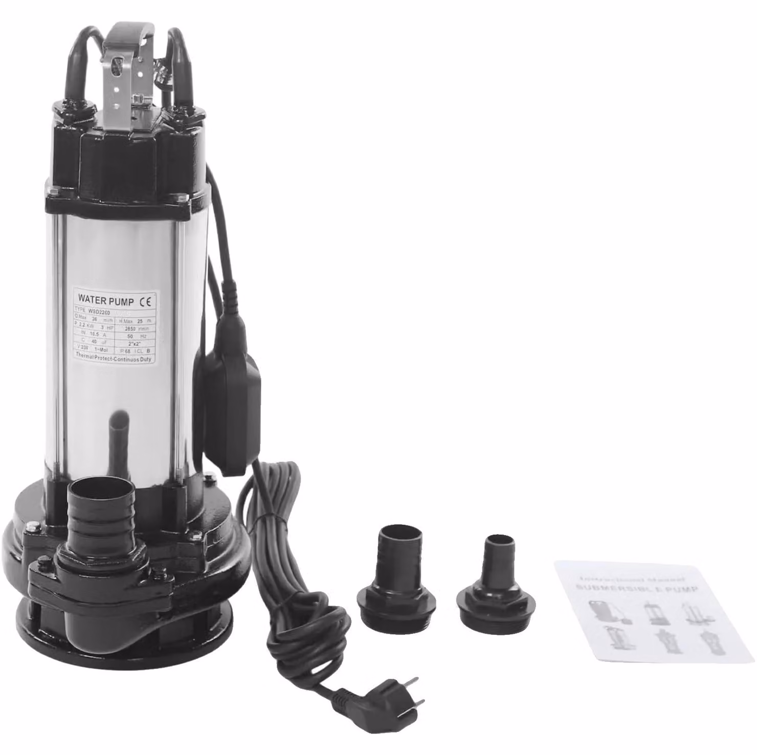 Pompe per acque reflue, 2200 W, portata 26 m³/h, altezza di sollevamento massima 25 m, tensione 230V, grado di protezione IP68