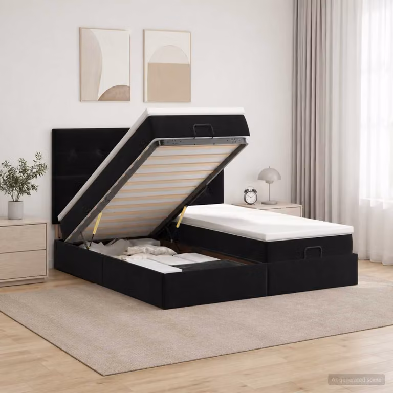 Letto ottomano con materasso e testiera vidaXL in velluto nero, L/P/H: 160 x 200 x 88 cm