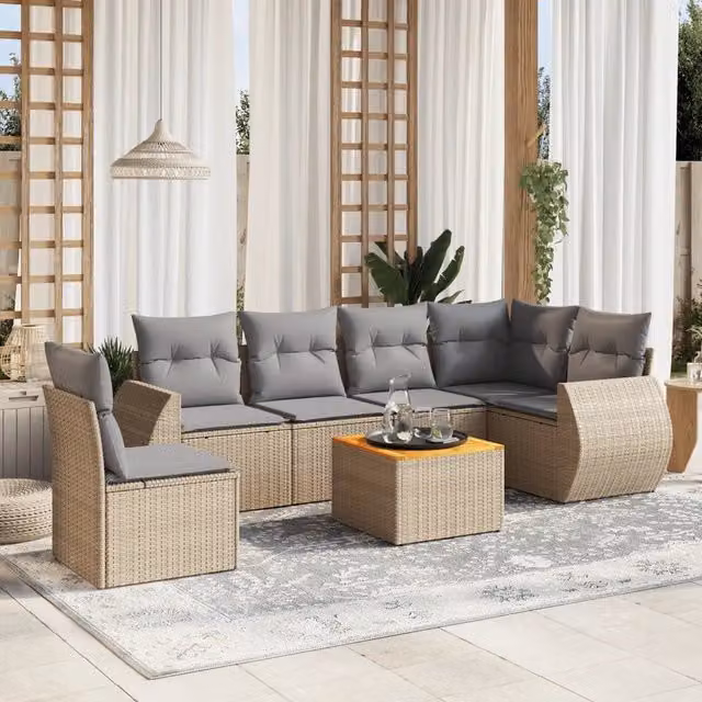 vidaXL Set Divani da Giardino 7 pz in Polyrattan con Cuscini Beige e Grigio