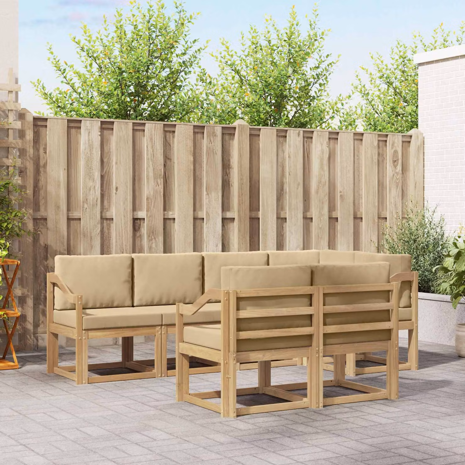 Set di divani da esterno vidaXL a forma di L composto da 7 pezzi in legno di acacia con cuscini in bianco, beige e marrone