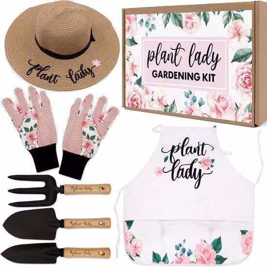 Set regalo da giardino Unyqoos® da 6 pezzi per donne: kit da giardinaggio con grembiule da giardinaggio impermeabile in tessuto Oxford, paletta da giardinaggio, coltivatore, guanti antiscivolo e cappello di paglia ricamato
