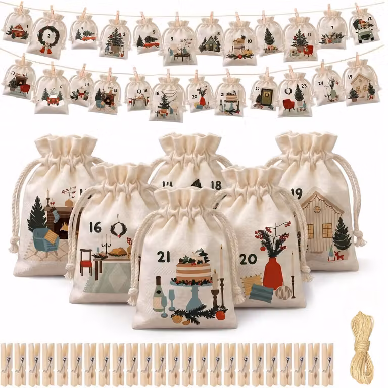 Calendario dell'Avvento da riempire, set di 24 sacchetti in tessuto di cotone, 3 dimensioni con coulisse, mollette di legno, spago, decorazioni natalizie fai-da-te