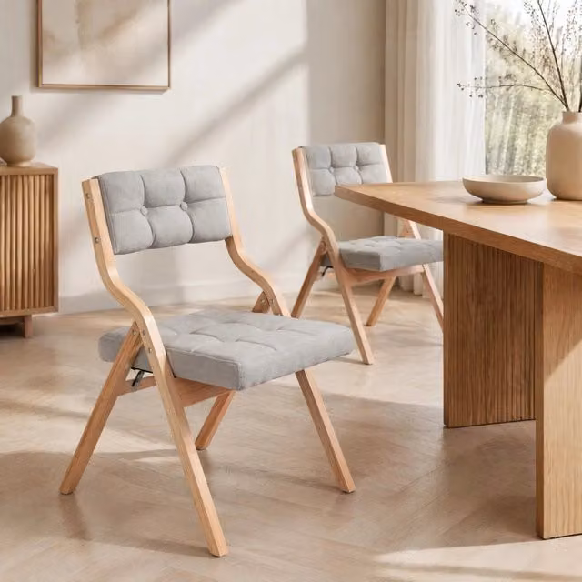 Set di 2 sedie da pranzo pieghevoli con seduta e schienale imbottiti in tessuto grigio e legno