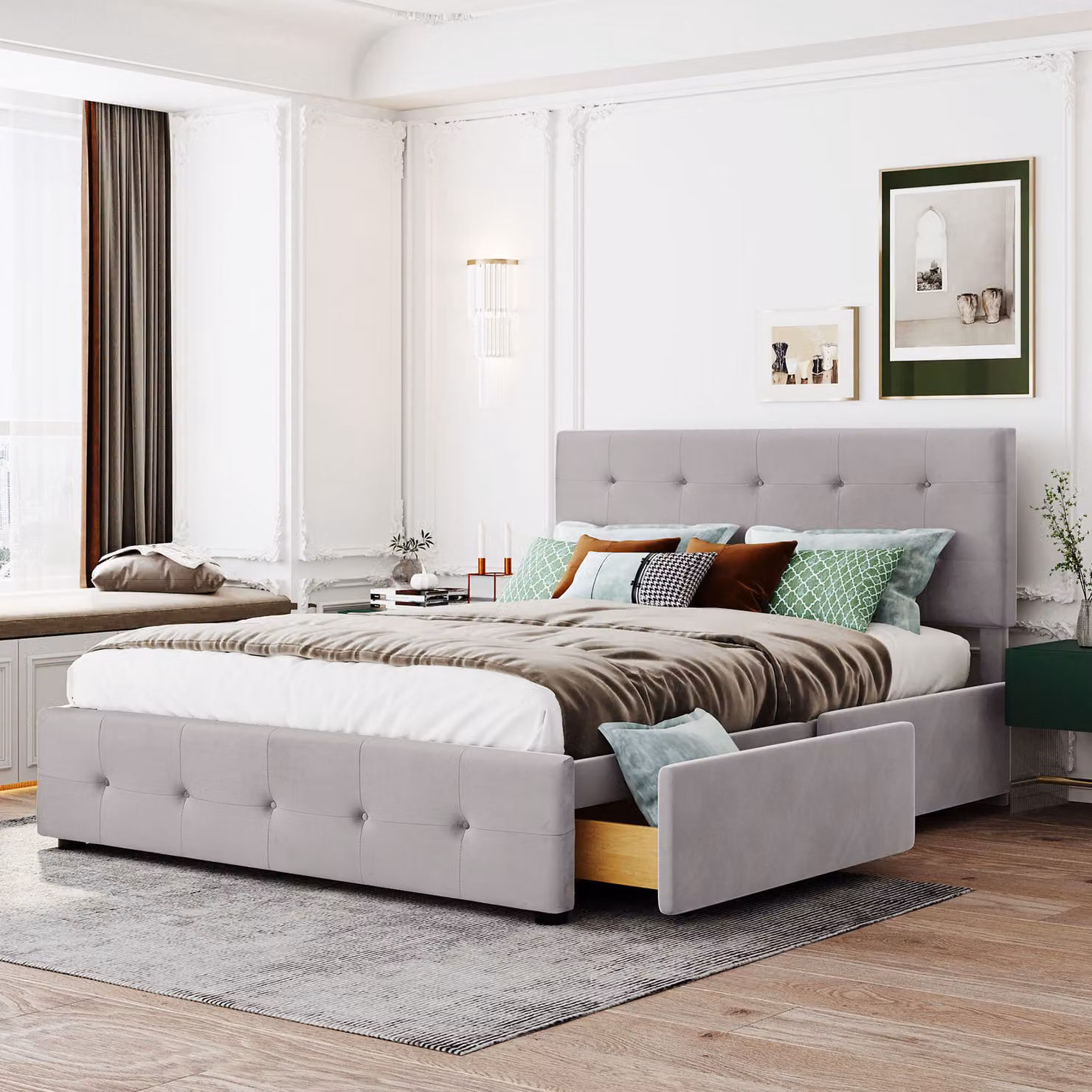 Letto imbottito Merax 140x200cm con testata regolabile in altezza e 4 cassetti, letto matrimoniale funzionale con rete a doghe e rivestimento in velluto grigio