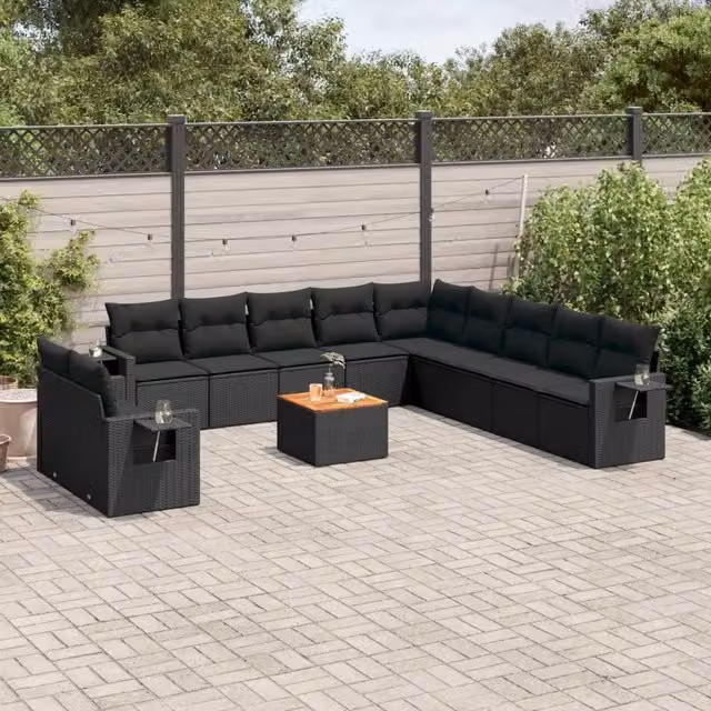Set di Divani da Giardino a Forma di U vidaXL in Polyrattan Nero con Cuscini e Tavolino da Esterno
