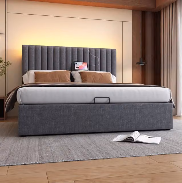 Letto matrimoniale 160x200 cm con contenitore e LED; lino; grigio (Senza materasso)