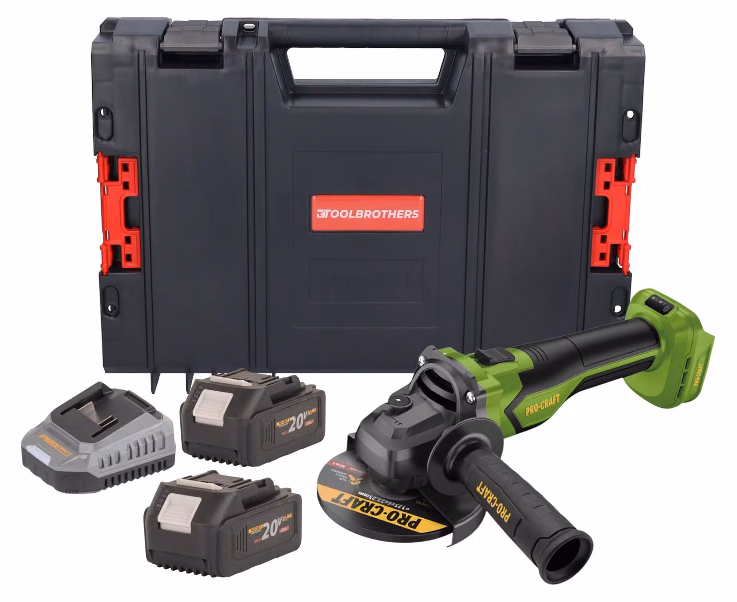 Smerigliatrice angolare a batteria Procraft PGA22-BB 20 V 125 mm Brushless + 2 batterie 4,0 Ah + caricabatterie + valigetta porta attrezzi RHINO