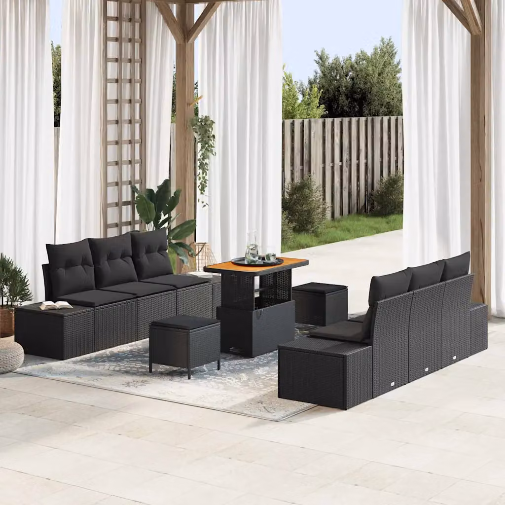 Set Divano da Giardino vidaXL 9 Pezzi Nero con Cuscini e Tavolino in Rattan e Metallo – 1