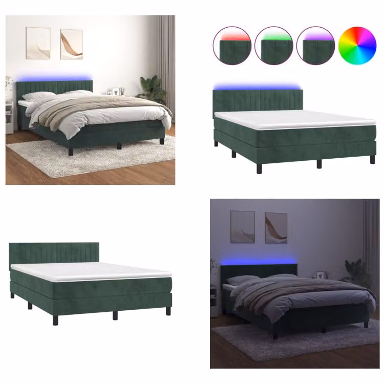 vidaXL Letto a molle con materasso e LED verde scuro 140x190 cm in velluto - Letto a molle - Boxspringbetten - Bett - Betten
