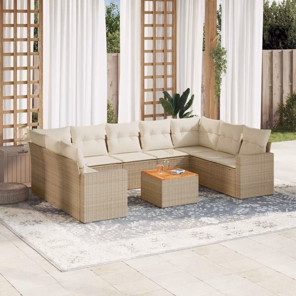 vidaXL Set Divano da Giardino 10 pz in Polyrattan con Cuscini Beige e Tavolino da Esterno – 1