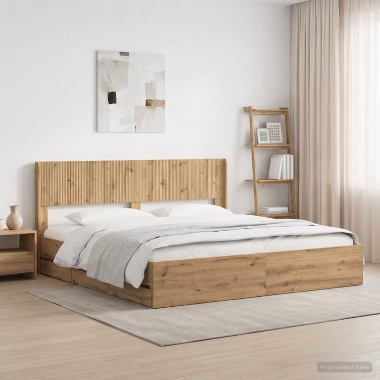 Struttura letto con contenitore e testata vidaXL in legno color quercia Artisan Oak, L/P/H: 180 x 200 x 140 cm