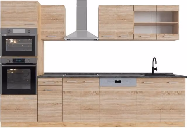 Cucina componibile moderna Vicco R-Line in Rovere dorato e Antracite, L: 300 cm