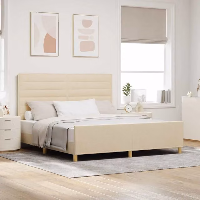 Struttura letto con testiera e giroletto imbottito in tessuto beige L/P: 180 x 200 cm