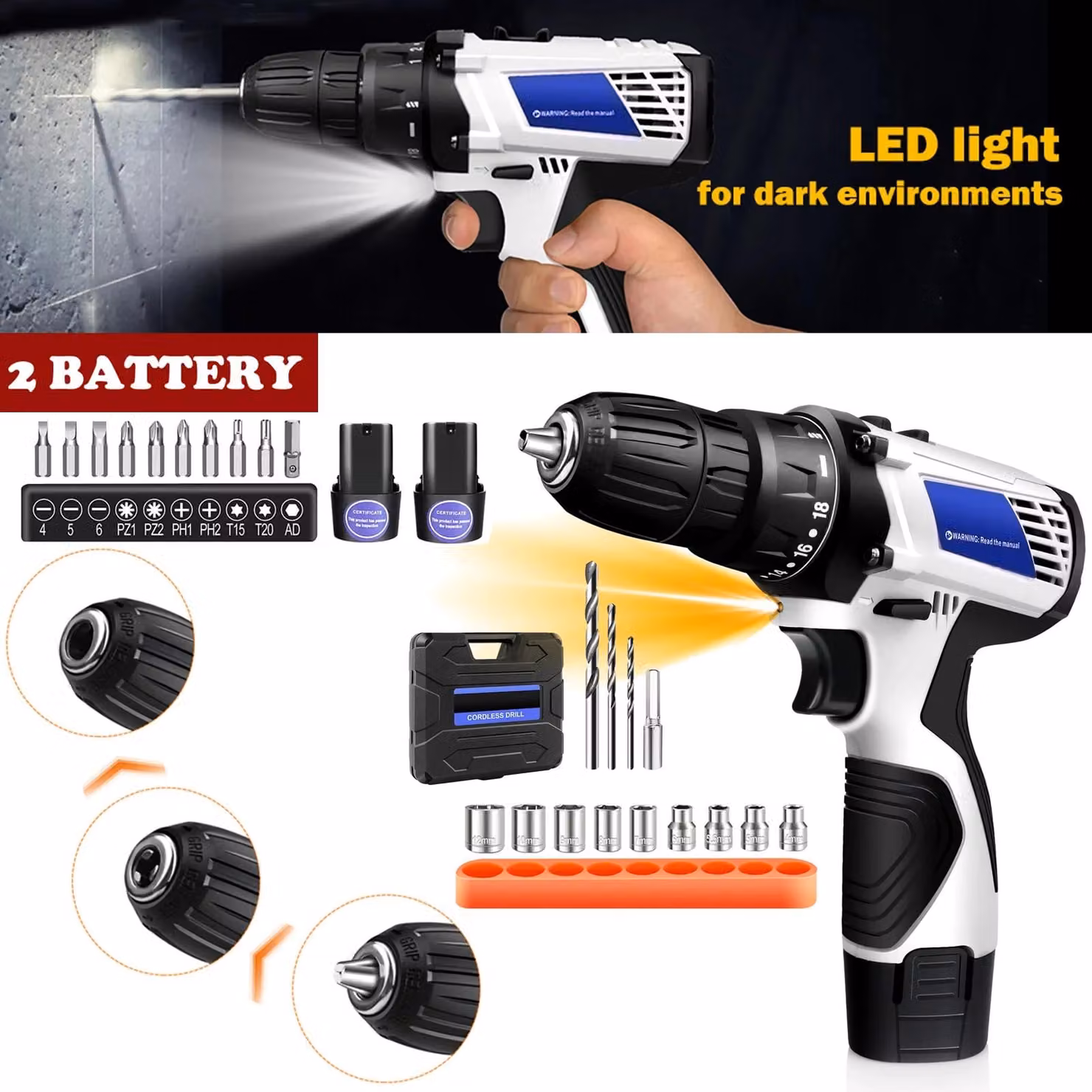 Trapano avvitatore a batteria - 12 V - Motore brushless - Coppia di 45 Nm - 2 batterie da 1,5 Ah - 18+1 livelli di coppia - 2 velocità
