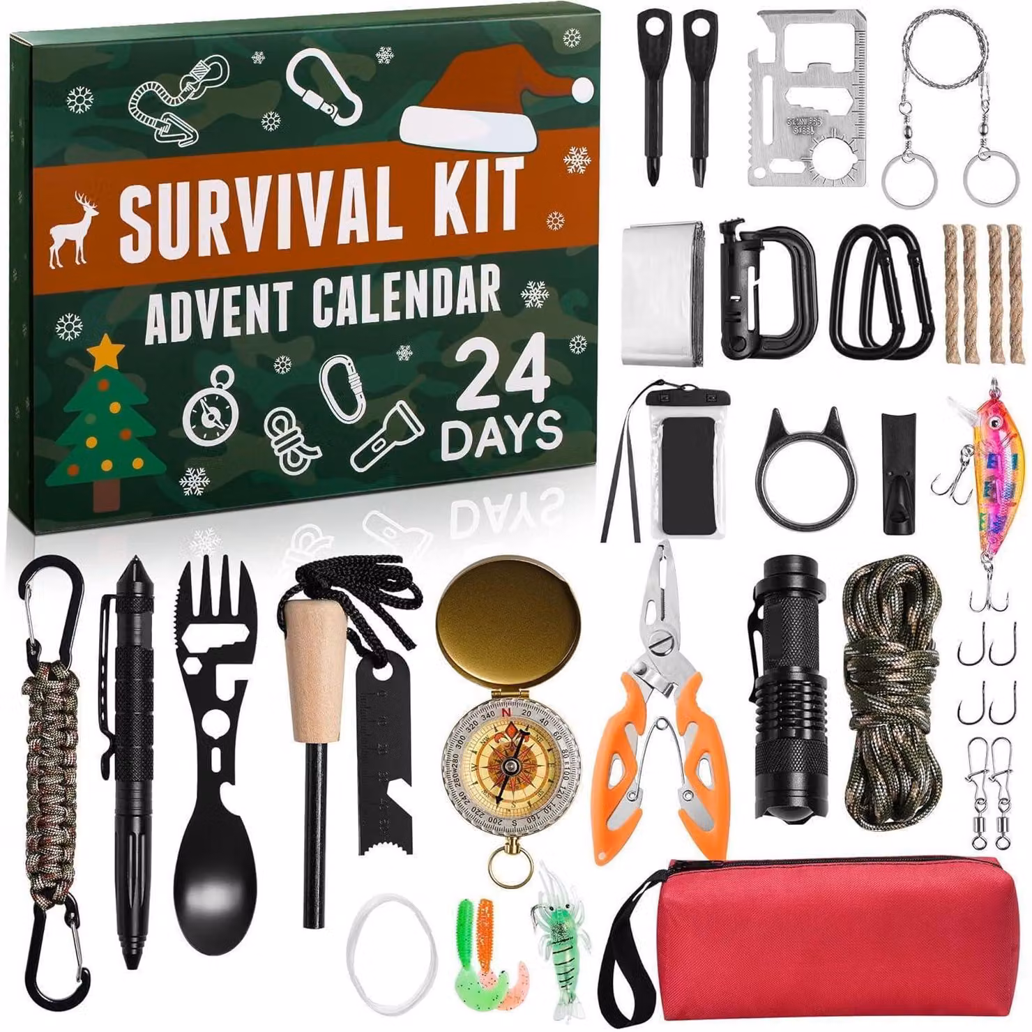 Calendario dell'Avvento 2026 per uomini | Kit di sopravvivenza da 31 pezzi con utensili e accessori da pesca | Regalo per uomo | Ideale per campeggio, pesca, attività all'aperto | 24 giorni di attesa