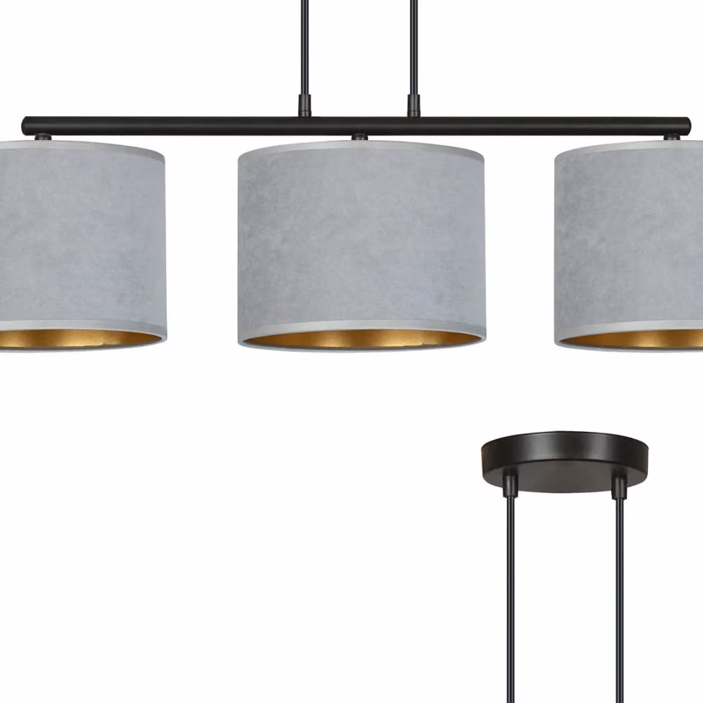 Lampadario moderno Emibig Hilde in metallo e tessuto, colore grigio, nero e oro, con 3 lampadine E27, regolabile in altezza e dimmerabile – 2