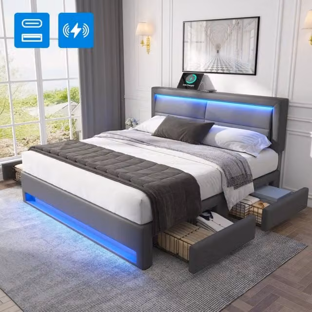 Letto imbottito 140 × 190 cm con rete a doghe ricarica USB wireless LED 12 colori quattro cassetti PU grigio
