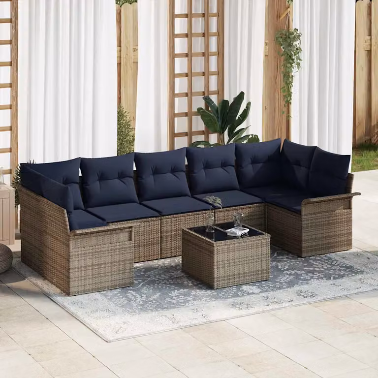 Set Divano da Giardino vidaXL 8 pz in Polyrattan Grigio con Cuscini e Tavolino