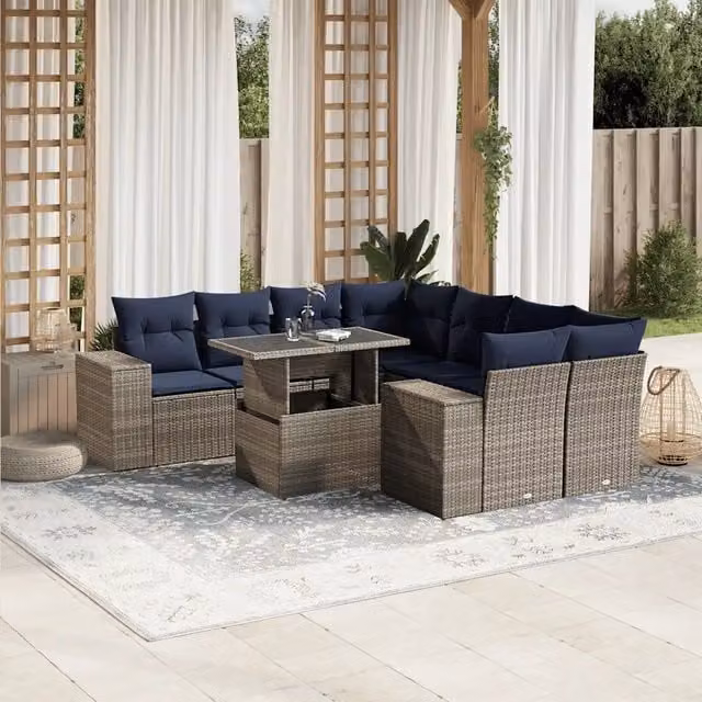Set di Divani da Giardino a L vidaXL in Polyrattan con Tavolino e Cuscini, Grigio e Blu