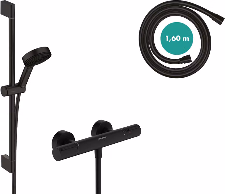 Set doccia con termostato, 8,2 litri/minuto, barra doccia da 65 cm, colore nero opaco