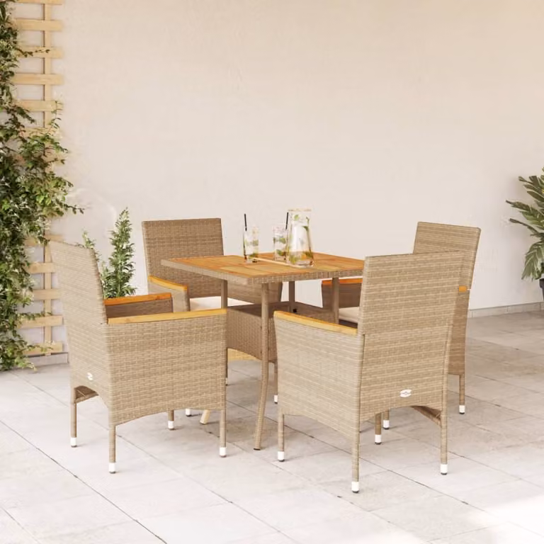 Set Pranzo da Giardino vidaXL in Polyrattan e Legno di Acacia con 5 Cuscini Beige e Bianchi