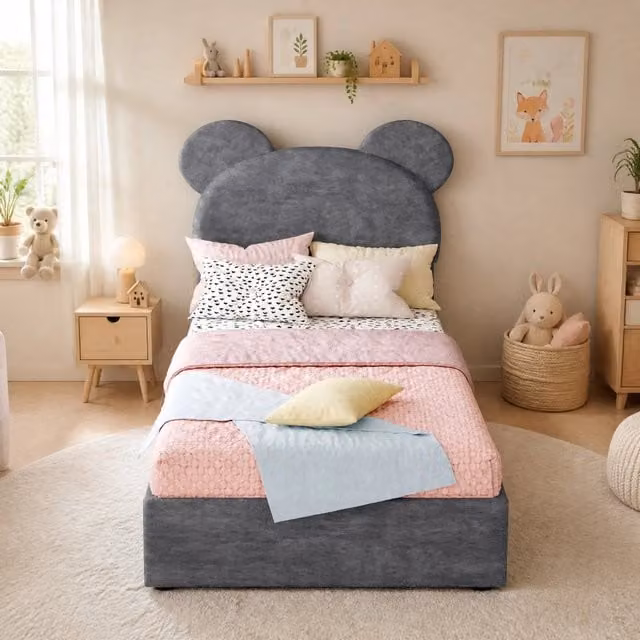 Letto singolo imbottito 90x200 cm con contenitore a sollevamento pneumatico; tessuto grigio