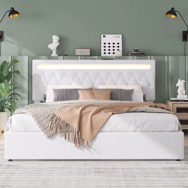 Letto contenitore 180 x 200 cm imbottito bianco; sollevamento idraulico; LED multicolore; porte USB e USB-C