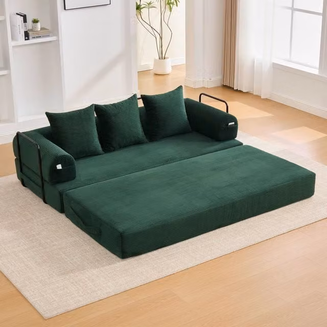 Divano modulare verde smeraldo tre posti 200 cm in velluto a coste con struttura in metallo e tre cuscini