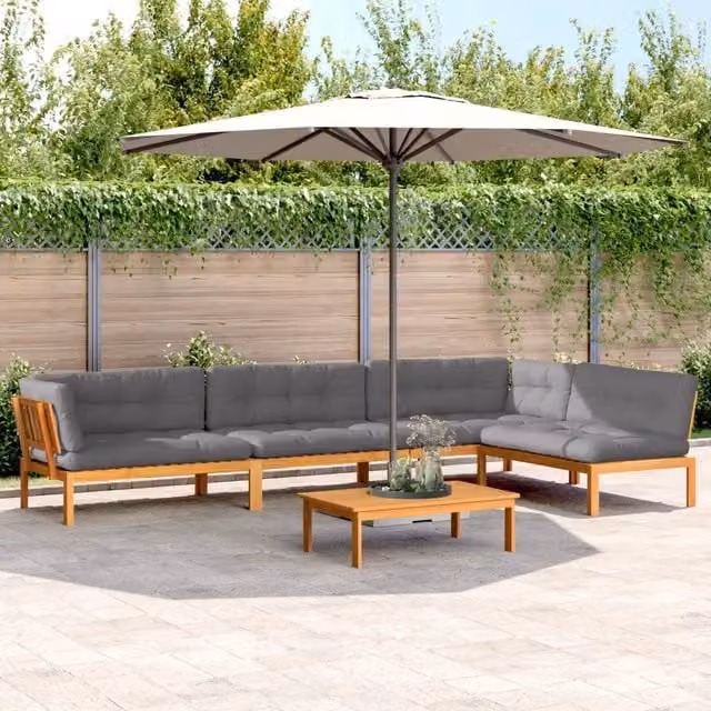 Set Divano da Giardino Pallet vidaXL in Legno di Acacia Oliato con 5 Cuscini Grigi