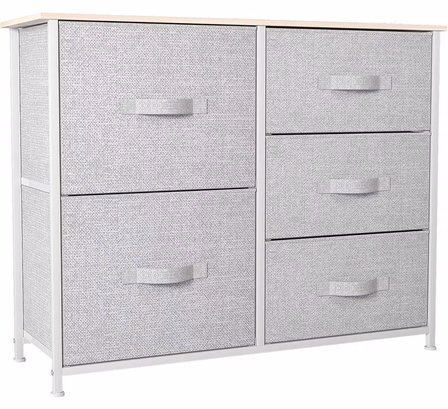 Comodino con 5 cassetti rivestiti in tessuto, colore grigio chiaro, dimensioni 85 x 30 x 70 cm