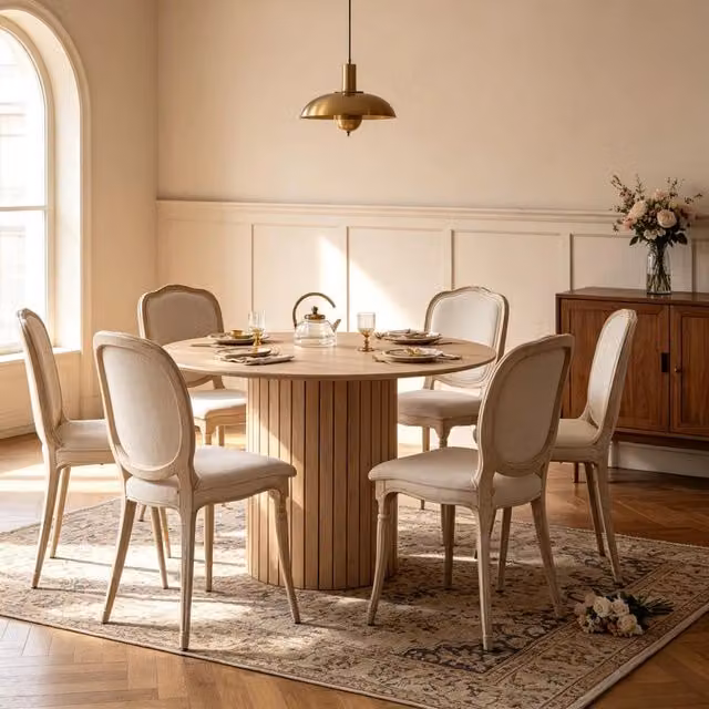 Desviae Tavolo da pranzo rotondo moderno in legno con base cilindrica scanalata marrone chiaro per 4-6 persone diametro 120 cm